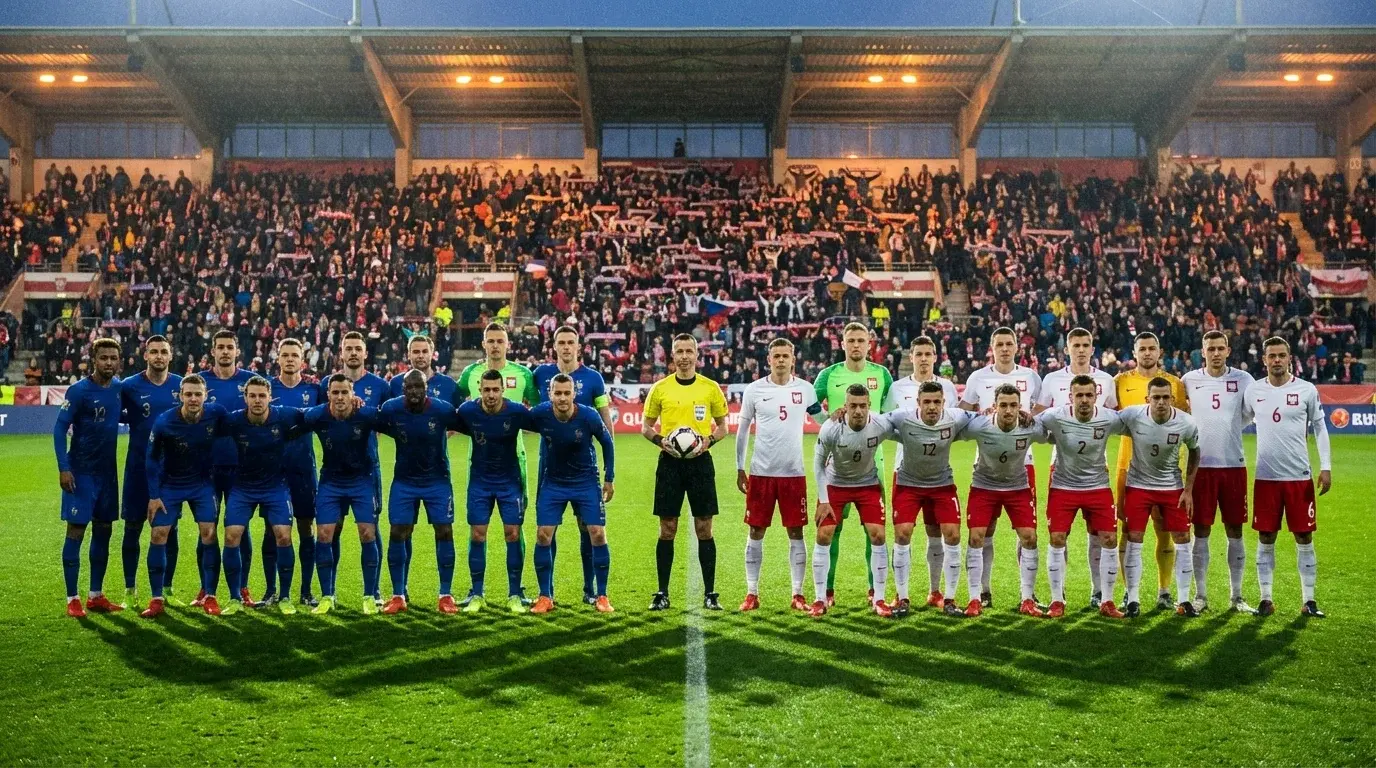 Dve futbalové reprezentácie nastúpené na ihrisku pred zápasom skupinovej fázy